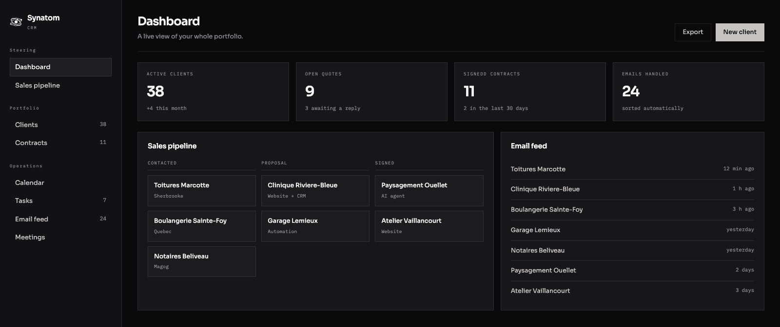 Mockup of a Synatom CRM dashboard: sales pipeline and email feed